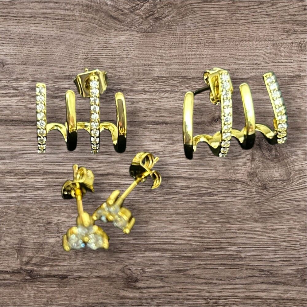 Claw earrings cuff stud earrings gold-plated 2-pair earring set Cubic Zirconia